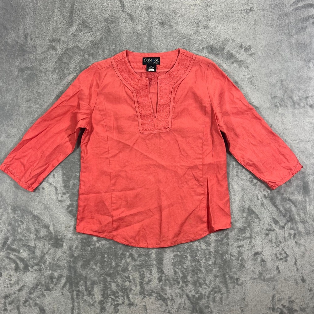 STYLE & CO Linen Blouse Petite 4P Coral Pink‎ Embroidered Split Neck